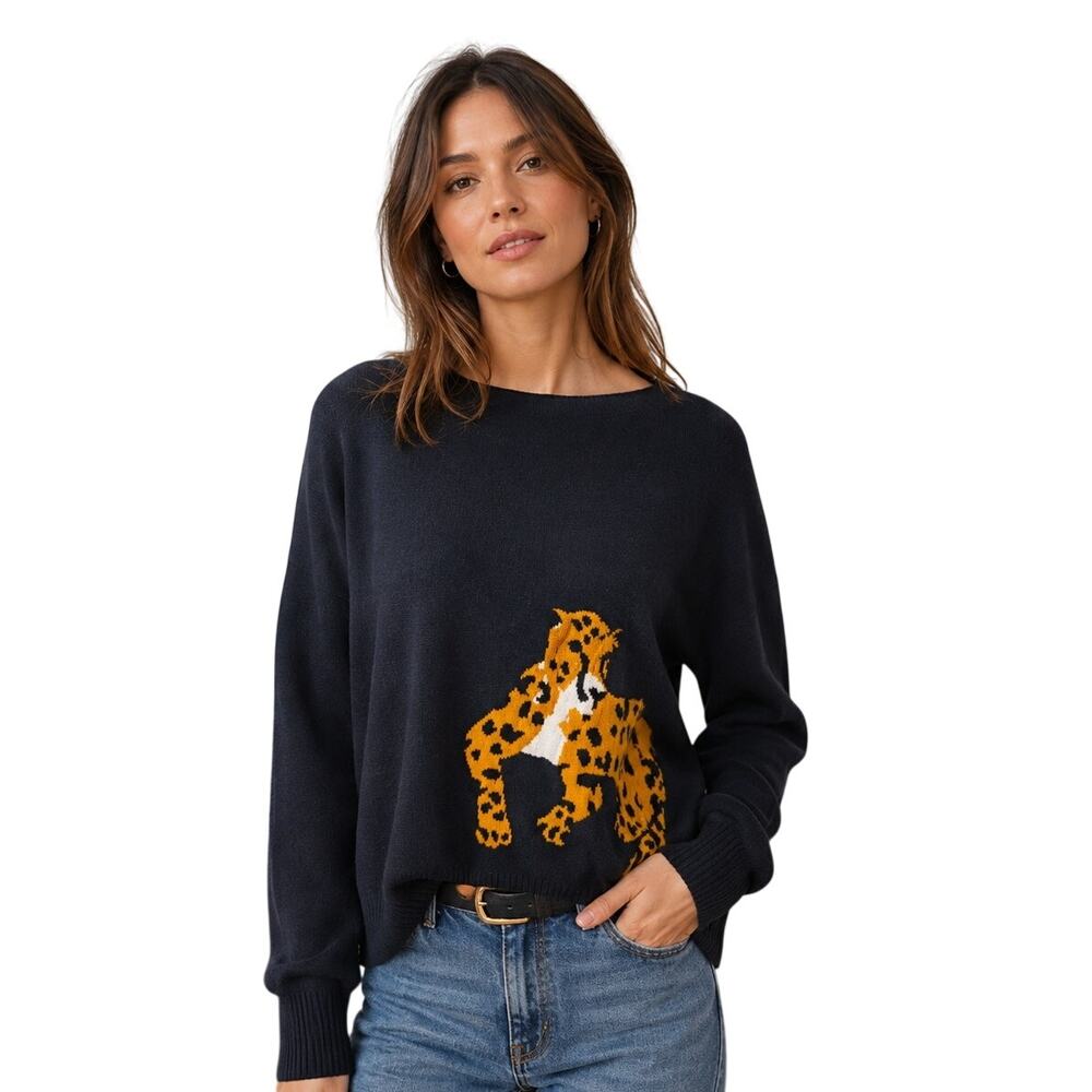 MAEVE by Anthropologie 100% Cashmere Leopard Intarsia Sweater Navy Size Medium